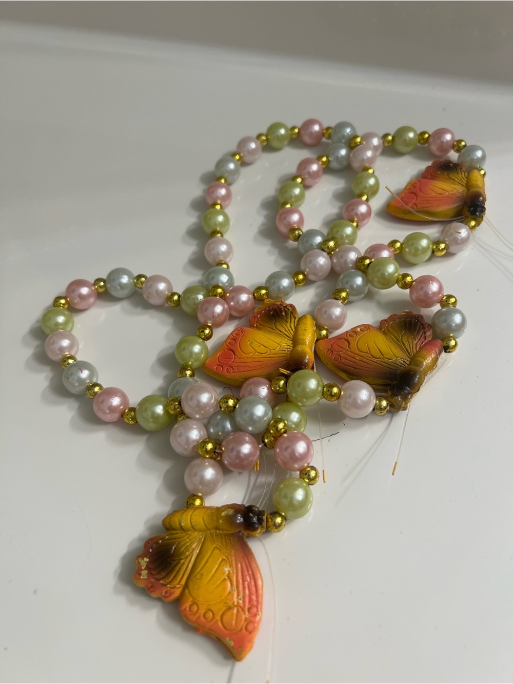 Handcrafted Pastel Pearl Butterfly Necklace - Pink, Green, Silver